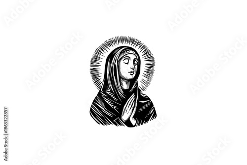 Saint woman vector illustration, black and white isolated religious symbol, church faith logo and spiritual print.