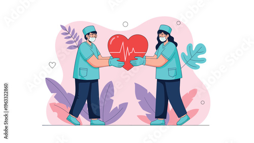 Medical professionals in blue scrubs and face masks holding large red heart symbolizing care, compassion, and dedication to public health.