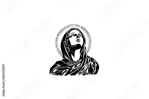 Saint woman vector illustration, black and white isolated religious symbol, church faith logo and spiritual print.
