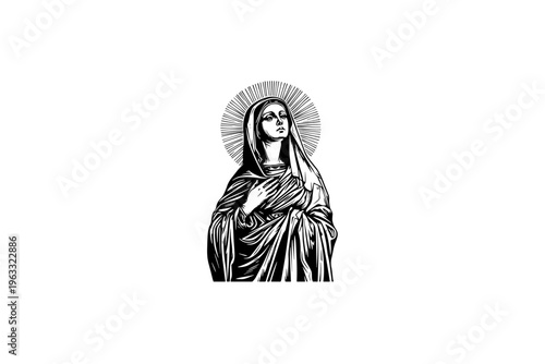 Saint woman vector illustration, black and white isolated religious symbol, church faith logo and spiritual print.