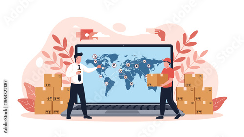 Logistics team managing global shipping and delivery operations using digital world map on laptop screen surrounded by cardboard boxes.