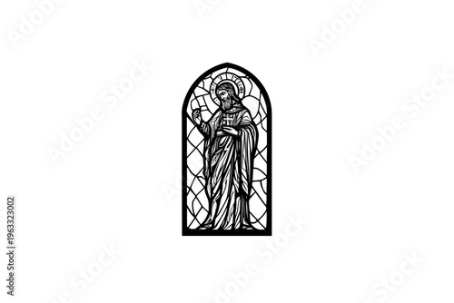 Stained glass Saint vector illustration, black and white isolated religious symbol, church faith logo and spiritual print.