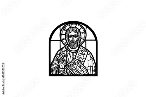Stained glass Saint vector illustration, black and white isolated religious symbol, church faith logo and spiritual print.