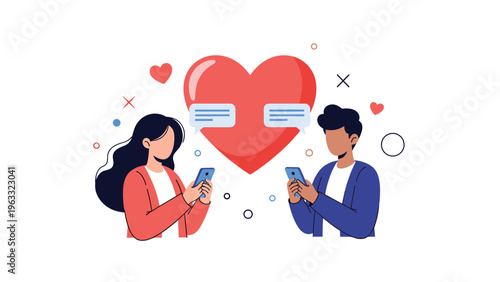 Man and woman using smartphones to exchange messages with speech bubbles appearing against a background featuring a large red heart.