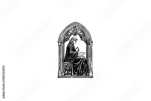 Stained glass Saint vector illustration, black and white isolated religious symbol  church faith logo and spiritual print.