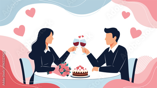 Couple enjoying a romantic dinner date with wine and a cake on a table decorated with flowers under a background filled with hearts.