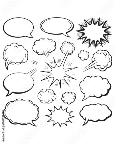 A diverse collection of various comic book style speech bubbles and explosive sound effect bursts featuring different shapes including rounded clouds jagged lightning bolt patterns smooth ovals