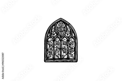 Stained glass window vector illustration, black and white isolated religious symbol