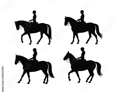 Four horse riders in dynamic poses captured in stark silhouette