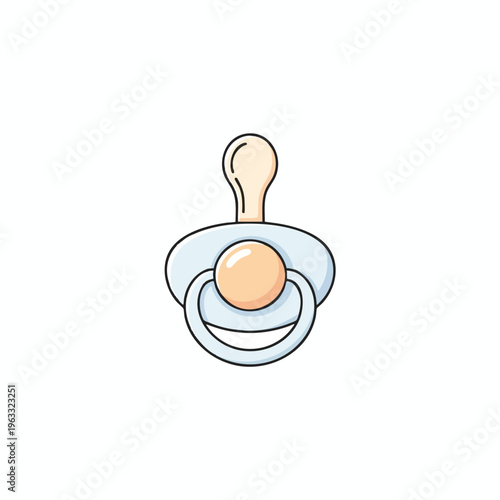 A simple illustration of a baby pacifier with a pale blue shield and peach-colored nipple