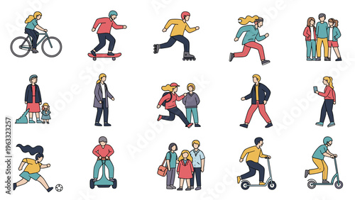 Diverse collection of people participating in various outdoor sports and activities like cycling, running, and riding scooters.