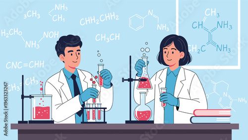 Man and woman scientists in white lab coats conduct chemical experiments with test tubes and flasks in a modern science laboratory.