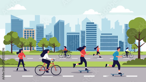 Active people enjoy various outdoor exercises like cycling, running, and skating on a park path with a city skyline in the background.