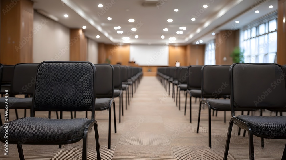 Fototapeta premium Modern conference hall with multiple rows of empty chairs meticulously arranged for an upcoming event or presentation