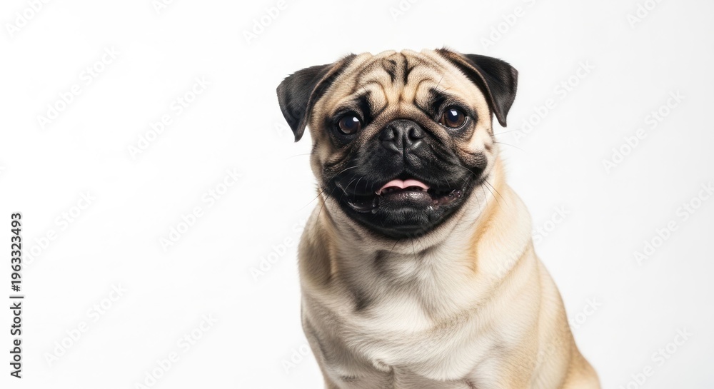 Fototapeta premium Portrait of a happy, beige pug dog against a white background