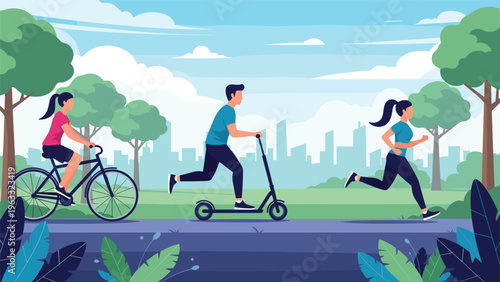 People enjoy active lifestyles by cycling, riding a kick scooter, and running along a path in a green park with a city in the distance.
