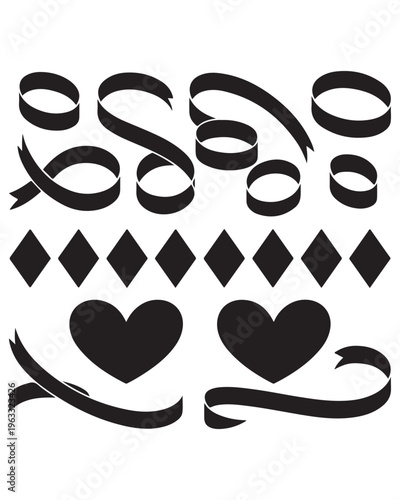 A collection of assorted decorative shapes featuring elegant flowing ribbon curves alongside a symmetrical row of diamond geometric symbols and two prominent heart icons arranged in a simple composite