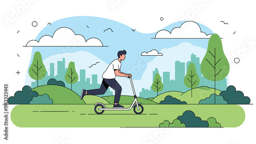 Young man rides a kick scooter through a scenic green city park with hills, trees, and a urban skyline visible in the background.