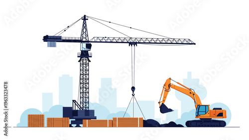 Busy construction site with a large tower crane lifting materials and an excavator working near piles of timber against a city view.