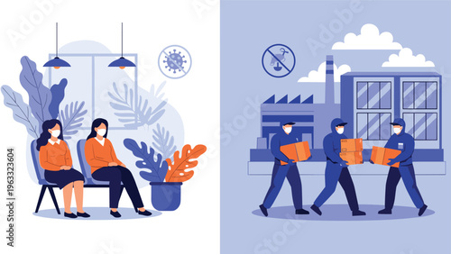 Comparison of people wearing protective face masks in a public waiting area and workers handling packages in a manufacturing warehouse setting.