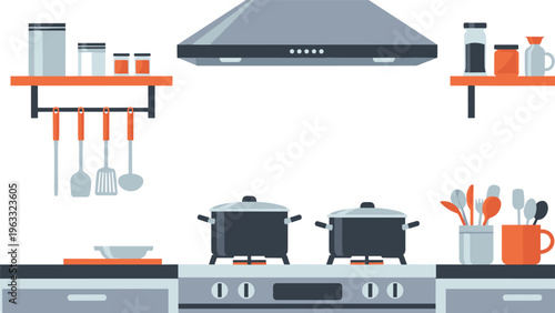 Clean and organized modern kitchen interior featuring stainless steel pots on a stove, hanging utensils, and shelves with spice jars.