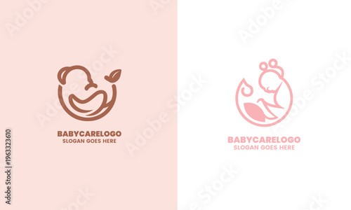 Baby Care Logo Design with Two Color Variations and Leaf Element