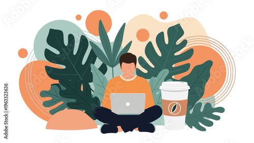 Freelancer sitting cross-legged working on a laptop surrounded by lush green tropical leaves and a large coffee cup in a relaxed workspace.