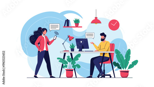 Creative professionals working in a modern home office while engaging in a discussion and using a smartphone and computer for tasks.