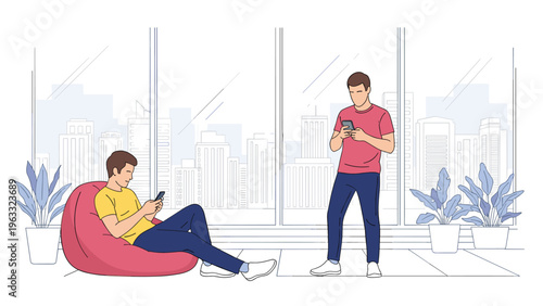 Professionals using their smartphones for communication while relaxing in a modern office lounge with a city view through large windows.