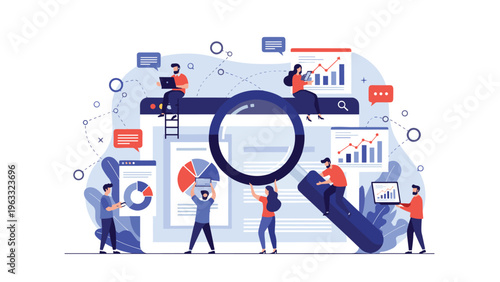 Team of business analysts using a large magnifying glass to inspect web data, charts, and financial reports on a digital screen concept.
