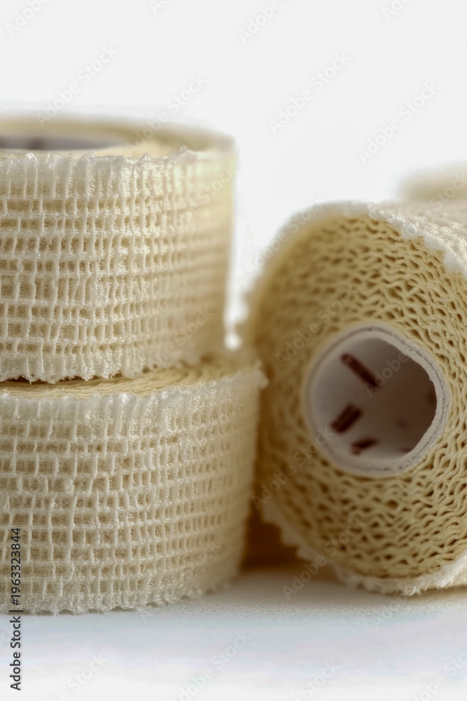 Obraz premium Two rolls of medical bandages stacked on top of each other, ready for use