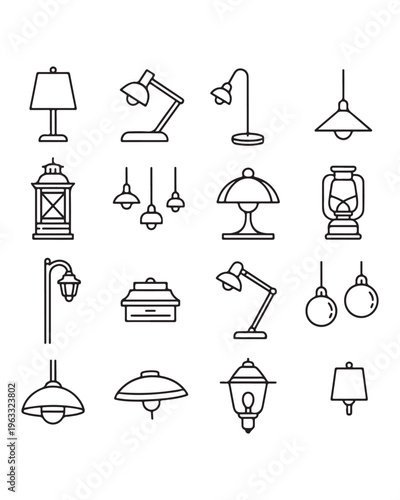 A comprehensive collection of diverse lighting fixture designs featuring various shapes and styles including modern desk lamps hanging pendant lights classic street lamps rustic lanterns and decorativ