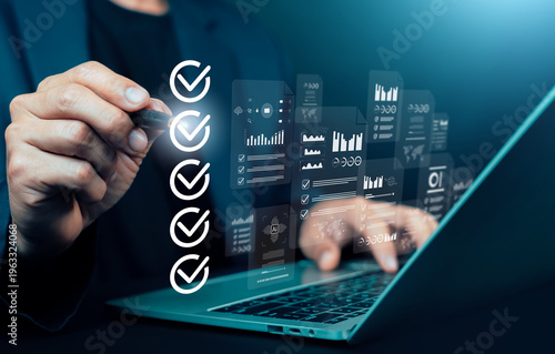 Business professional checking digital checklist and data analytics dashboard on laptop screen, concept of project management, quality control, workflow automation, compliance audit, and AI technology