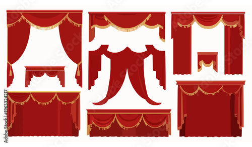Red curtain vector collection realistic drapery textile interior decor set