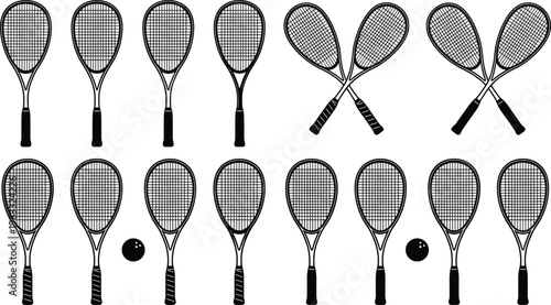 Black and white vector icon set of squash rackets and balls featuring various string patterns and crossed racket layouts on white.
