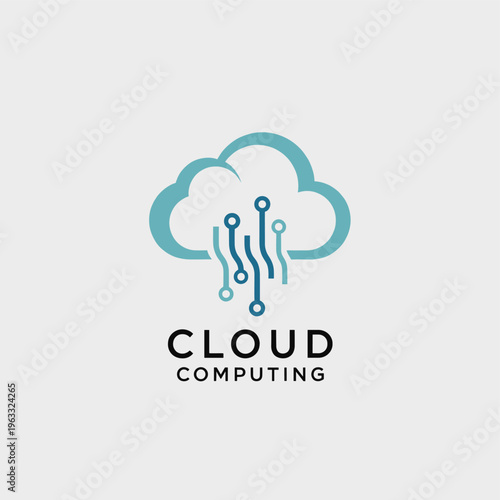 A minimalist cloud computing logo featuring a stylized cloud with circuit board elements descending from it, symbolizing digital data and technology.