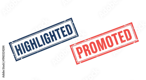 Highlighted and promoted rubber stamps on a white background with blue and red ink.