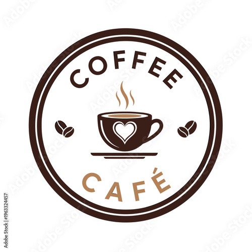 A circular logo for a coffee cafe featuring a steaming cup of coffee with a heart design, surrounded by coffee beans and text.