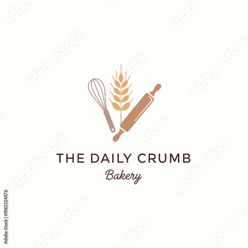 A minimalist logo for 'The Daily Crumb Bakery' featuring a whisk, a stalk of wheat, and a rolling pin, set against a neutral background.