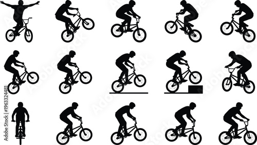 Black silhouette set of BMX rider performing various stunts, jumps, and tricks including manual and bunny hop on white background.