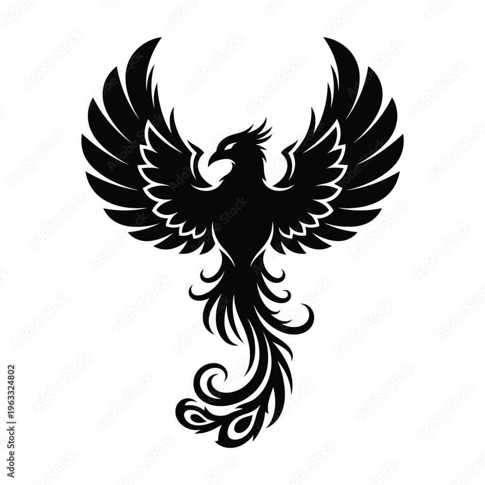 Fototapeta premium Black phoenix bird with spread wings and ornate tail