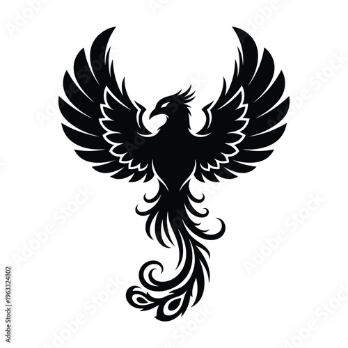 Black phoenix bird with spread wings and ornate tail