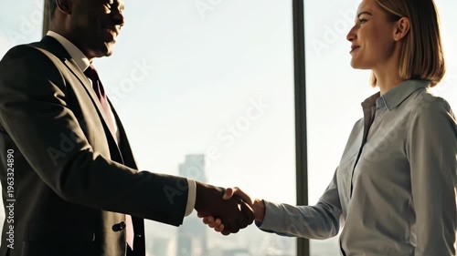 Professionals engaging in handshake against bright cityscape backdrop