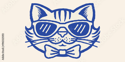 Cool cat wearing sunglasses and a bow tie in blue line art