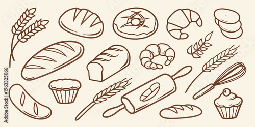Hand drawn illustration featuring various breads pastries and baking tools