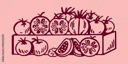 A hand drawn illustration of ripe tomatoes arranged in wooden crates