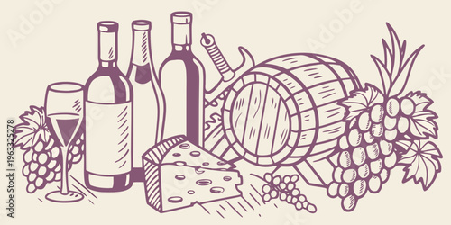 Wine cheese and grapes a vintage still life composition