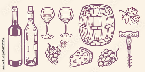 Wine accessories and elements bottles glasses barrel grapes and cheese