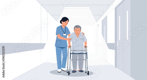 A female nurse assisting an elderly man with a walker in a long, white hospital corridor with a clean and clinical mood.
