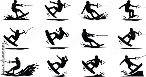 Black silhouette set of wakeboarders and water skiers performing jumps, tricks, and maneuvers with water splashes on a white background.